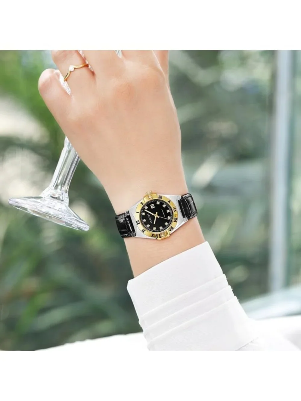 Women's Silver Black Crystal Diamond Dial Genuine Leather Strap Wrist Watches